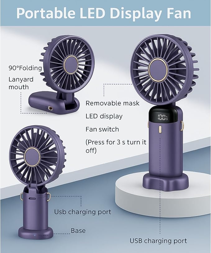 AMPMG LED Digital Display Rechargeable Fan – Portable Handheld & Desk Fan with Adjustable Speeds, USB Charging, Quiet Operation, and Base Stand for Home, Office, Travel and Outdoor Use