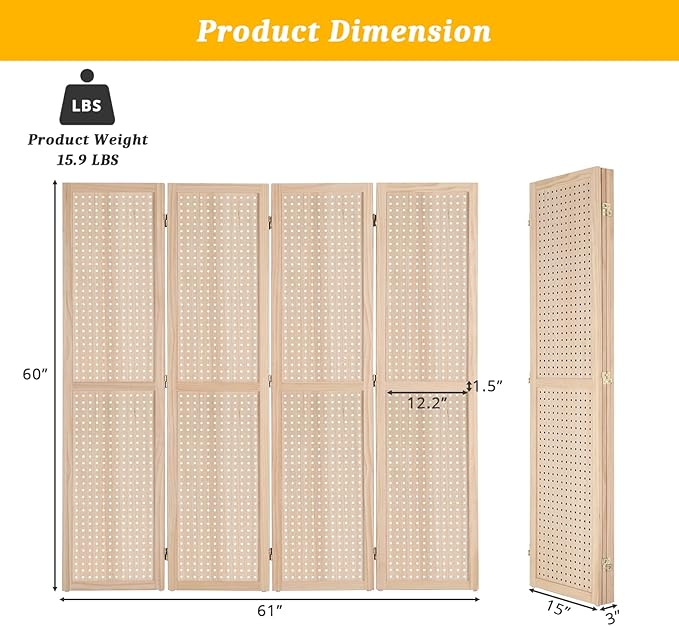 Bonnlo 4 Panel Pegboard Freestanding, 5 FT Portable Display Board Organizer for Craft Show Jewelry, Wooden Folding Privacy Screen Room Divider (Without Base, Natural)