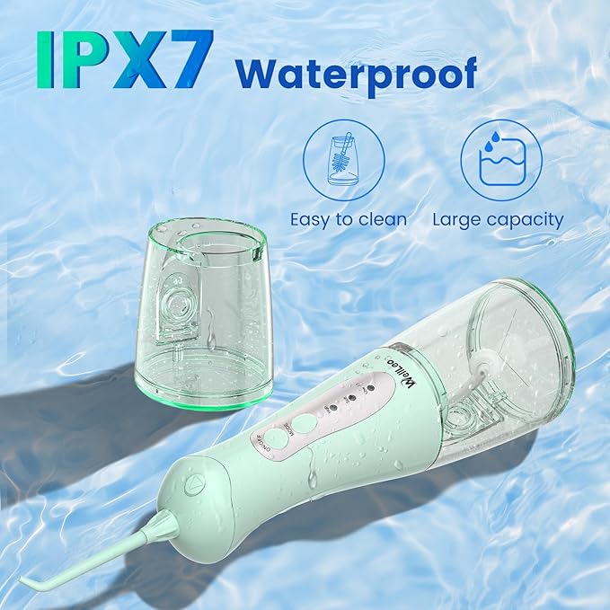WellLeo Water Flosser for Teeth, Portable Oral Irrigator Rechargeable Water Dental Flosser Pick with High Pressure 5 Jet Tips, IPX7 Travel Water Flossing for Brace Teeth Cleaner Gum Care