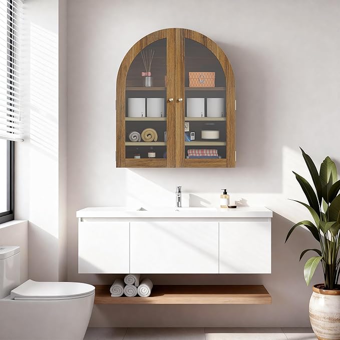 HOACT Arch Bathroom Wall Cabinet with Glass Door, 23.6" Above Toilet Storage Cabinet with Adjustable Shelves, Natural Medicine Cabinet for Kitchen, Laundry Room, Bedroom, Walnut