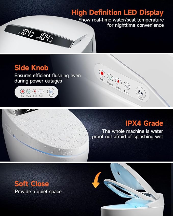 WANSID Smart Toilet,Advance Bidet with Heated Seat Smart with Bidet Built In,Tankless Toilet with Warm Water Sprayer and Dryer, Foot Sensor Operation,LED Display