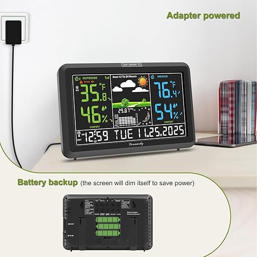 DreamSky Weather Station Indoor Outdoor Thermometer Wireless with Digital Atomic Clock for Home, Large Display with Dimmer, USB, Inside Outside Temperature Humidity Monitor (Adapter Powered)-3 Sensor