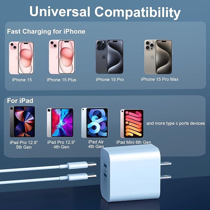 Fast Charger for Phone 17/16/15 Pro Max, 20W USB C Fast Charger Block with 6FT Long USB C to C Charging Cable Cord for Phone 17 16 15 Pro Max/17 16 15 Pro/17 16 15/16 15 Plus-Blue