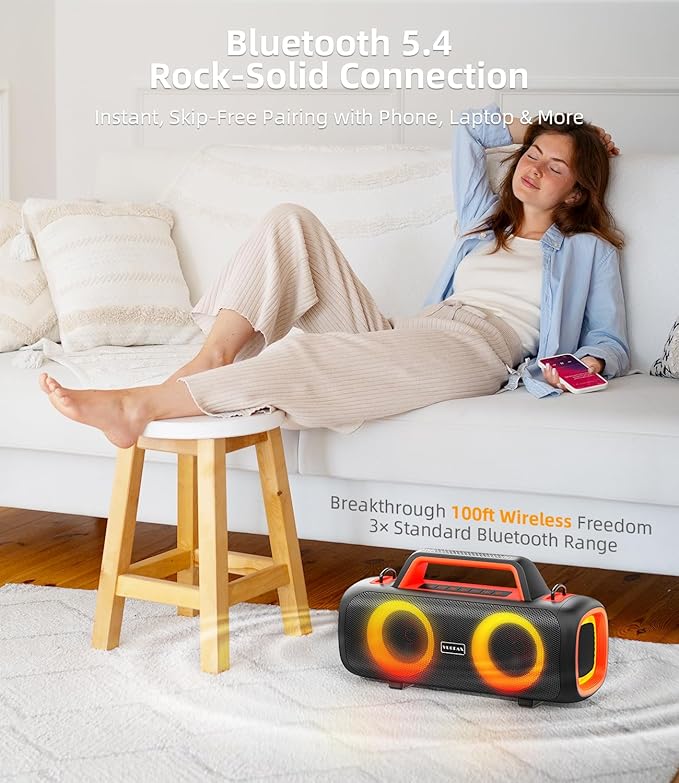 Portable Bluetooth Speaker Wireless,140W Peak Loud Sound with 2 Subwoofers and 2 Tweeters, Plus Bass Boost, IP65 Waterproof Outdoor Speaker, 24H Playtime, RGB Lights, TF/AUX/USB/Mic Input, Large Party