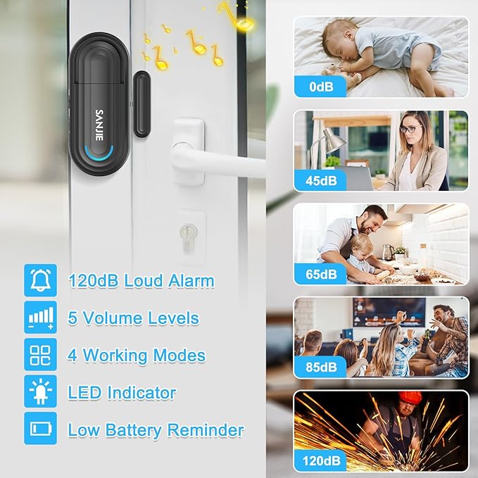 SanJie Door Alarm for Kids Safety with Remote,Wireless Door Chimes When Door Opens for Home/Dementia Patients/Pool,0-120 dB Volume Ajustable 4 Working Modes(2 Remote & 2 Sensor)