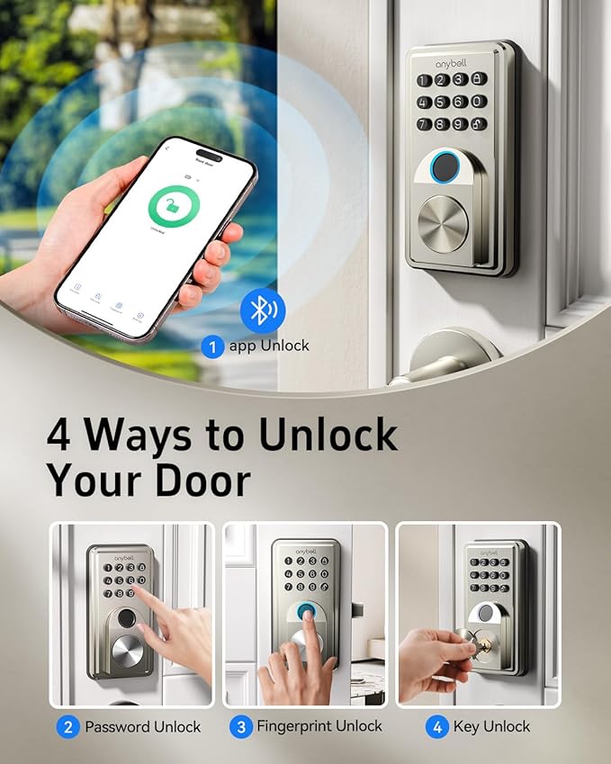 Smart Door Lock, Anybell Fingerprint Door Lock Keyless Entry with Electronic Keypad Deadbolt, App Control, Auto Lock, Biometric Lock for Front Door, Hotel & Office