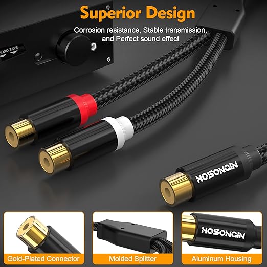 HOSONGIN RCA Splitter 1 Female to 2 Female Audio Cable (2 Pack), 24K Gold-Plated Plug, Cotton Braided Jacket, Dual Shielded Y Splitter Adapter for Amplifiers, TV, Home Theater, Hi-Fi Systems -12 inch