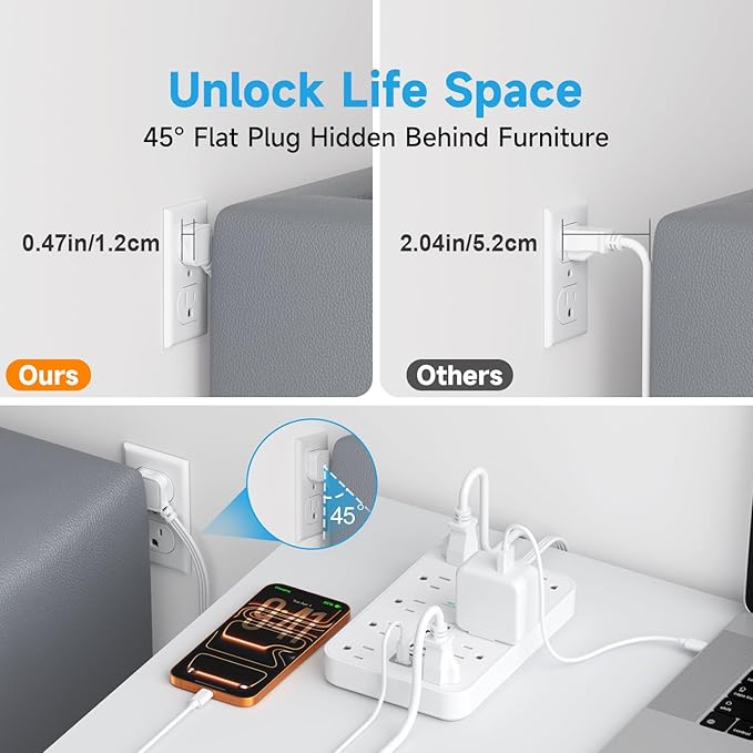 Flat Extension Cord with USB and USBC Ports, 5FT Extension Cord with 10 AC Outlet 6 USB, 1 Switch & 2 LED Indicator, USB Charging Station for Multiple Devices, for Home, Office, Dorm Essentials