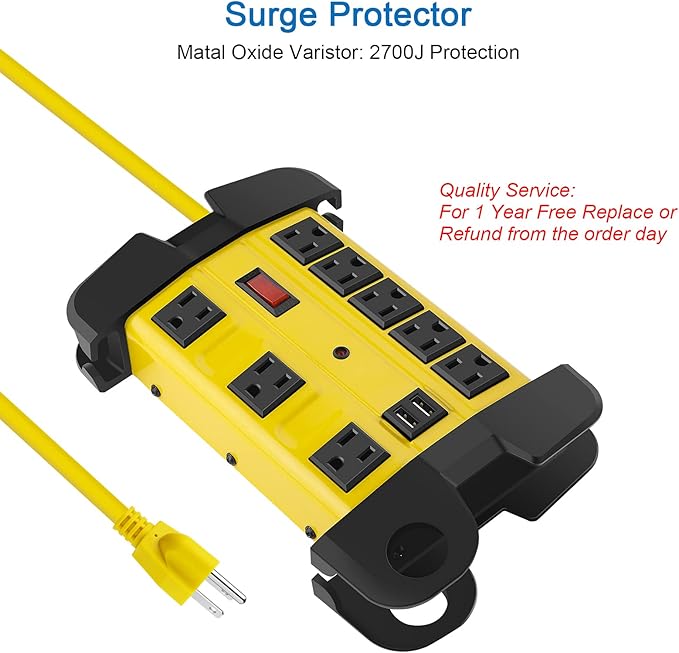 Heavy Duty Power Strip with USB, Workshop 8 Outlet Surge Protector 2700 Joules, Industrial Metal 15Amp Power Strip, 25 FT Extension Cord and Wide Spaced. Yellow
