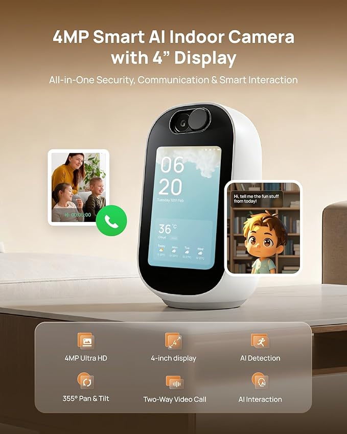 Indoor Security Camera with 4" Screen, 4MP Baby/Elderly Monitor with AI Conversation & Two-Way Video, Baby Crying, Human and Pet Detection, 355°Pan, 5G/2.4G WiFi, Motion Tracking, Smart Home Camera