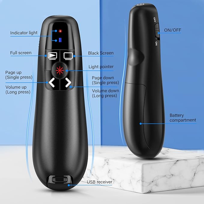 NinjaABXY Presentation Clicker Wireless Presenter Remote Clicker for PowerPoint Presentation, Laser Pointer RF 2.4GHz USB PowerPoint Clicker Slide Advancer with Volume Control for Computer/Laptop/Mac
