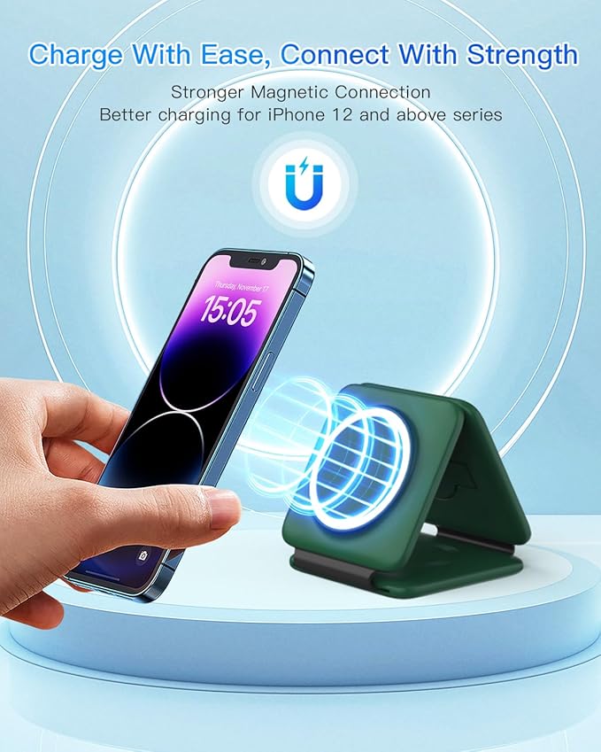 Iseyyox 3 in 1 Wireless Charger for iPhone - Foldable Charging Station Travel Charging Dock Compatible with iPhone 16 15 14 13 12 Pro Max Plus Watch & Airpods