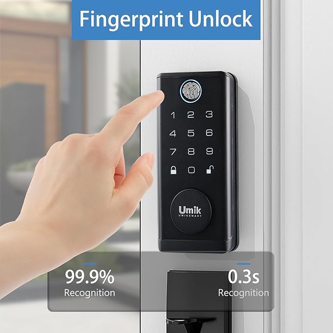 UMIK UMIKSMART Fingerprint Smart Door Lock with Heavy Duty Handleset, Keyless Entry Door Lock, Electronic Keypad Deadbolt Locks, App Control for Front Door, Home (Matte Black)