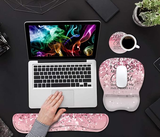 Ergonomic Mouse Pad Wrist Support and Keyboard Wrist Rest Set with Coasters, Non-Slip PU Base, Easy Typing & Pain Relief for Computer Laptop Home Office, Bible Verse Phil 4-13
