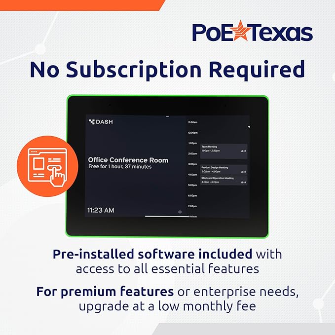 PoE Texas 10" Touchscreen Meeting Room Scheduler Tablet with Highly Visible LED Ring - Plug & Play PoE Office Conference Room Scheduler - Digital Display Syncs with Existing Business Calendar
