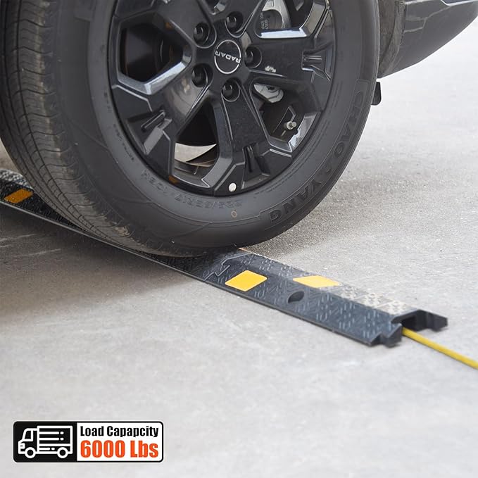 OranLite 6 Pack 1-Channel Rubber Cable Protector Ramp, 17" x 6" x 1.3" inch Interlocking Floor Wire Cord Cable Cover, Visible at Night, Durable Rubber Speed Bump Hump Ramp (1-Channel 6 Pack)