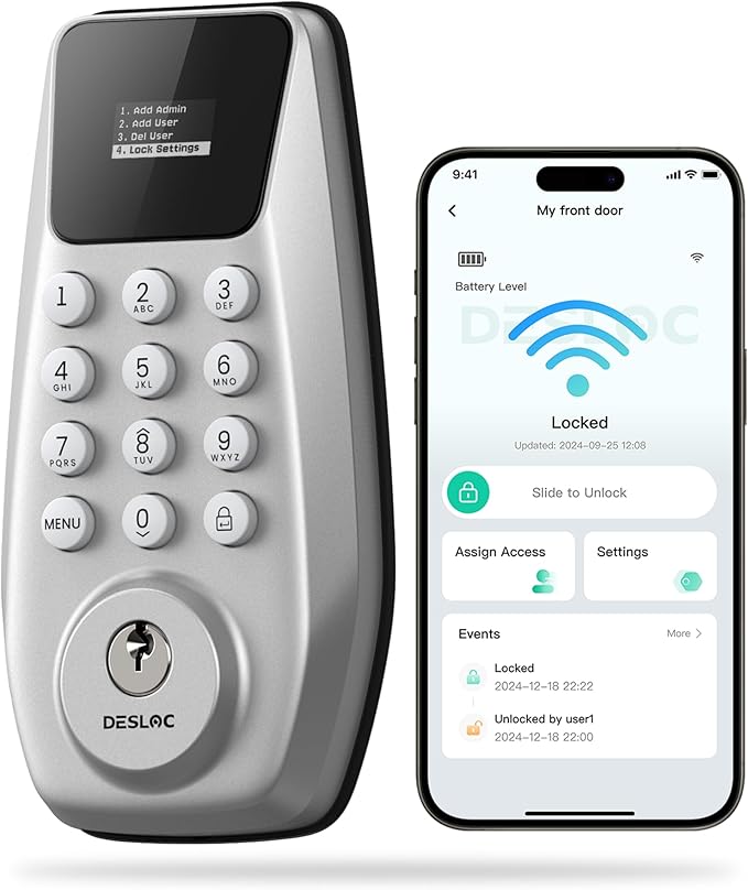 DESLOC C100 Plus Built-in WiFi Smart Lock, Keyless Entry Door Lock with Display, Keypad Deadbolt for Front Door, App Remote Control, Anti-Peeping Password, BHMA Grade 3, Silver