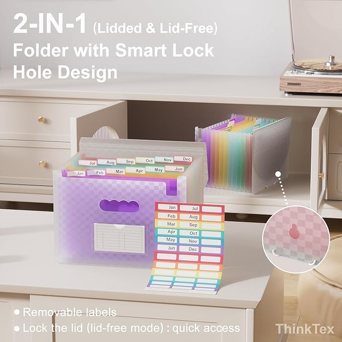 ThinkTex Accordion File Organizer, 12 - Pocket Expanding File Folders for Paper Receipts, Bills & Taxes Organizer, Letter/A4 Size Document Holder for School, Office, Home with tabs-Purple
