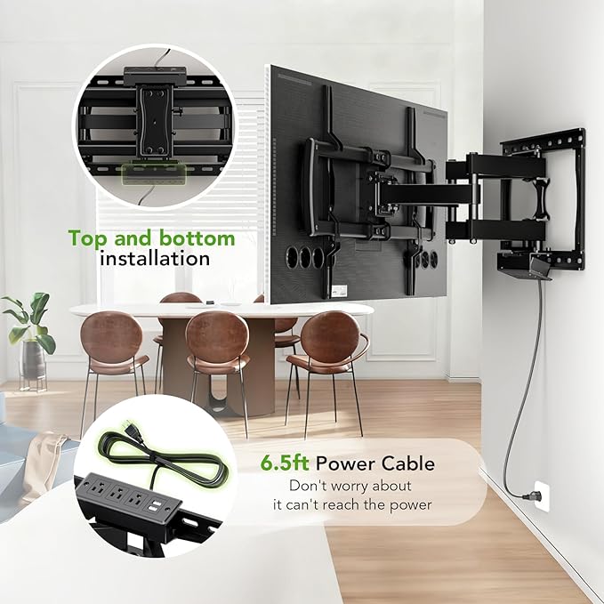 Full Motion TV Wall Mount Bracket with Power Outlet for Most 32-85 inch TV,TV Mount Dual Articulating Arms,Tilt/Swivel/Extension/Leveling,Fits 8” 12” 16" Studs,Max Vesa 600x400mm, Holds up to 132lbs