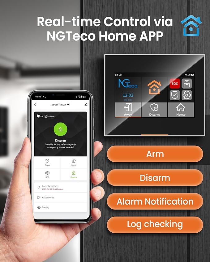 NGTeco 9-Piece Home Security Alarm Kit, Wi-Fi Home Security System with 4.3" Touchscreen, Motion Sensor, 5 Entry Sensors, Window and Door Protection - No Contract, Compatible with Alexa & Google
