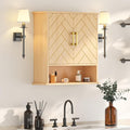 Natural Chevron Pattern Bathroom Wall Mount Cabinet, Gold Accent Hanging Medicine Cabinet with Open Shelf, Over The Toilet Storage Organizer for Home (23 5/8" x 22 7/8" x 7 1/8")