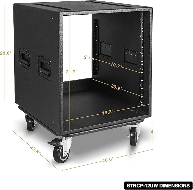 Sound Town 12U PA/DJ Rack/Road Case with 12-Space, Industry-Grade 0.7" (18mm) Plywood with Polyurea Coating, Rain Cover, Casters, 21.7" Rackable Depth - Pro Tour Grade (STRCP-12UW)