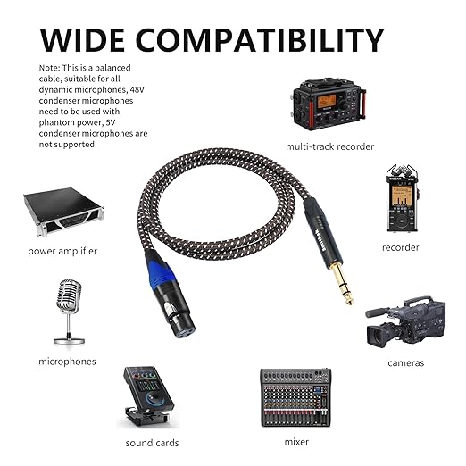 Smithok 1/4 to XLR Cable,Heavy Duty Nylon Braided,Gold Plated Plug,Balanced 1/4" TRS (Quarter Inch 6.35mm) to 3pin XLR Female Patch Cable, Microphone Cable, for Speaker,Mixer-10ft(3M)