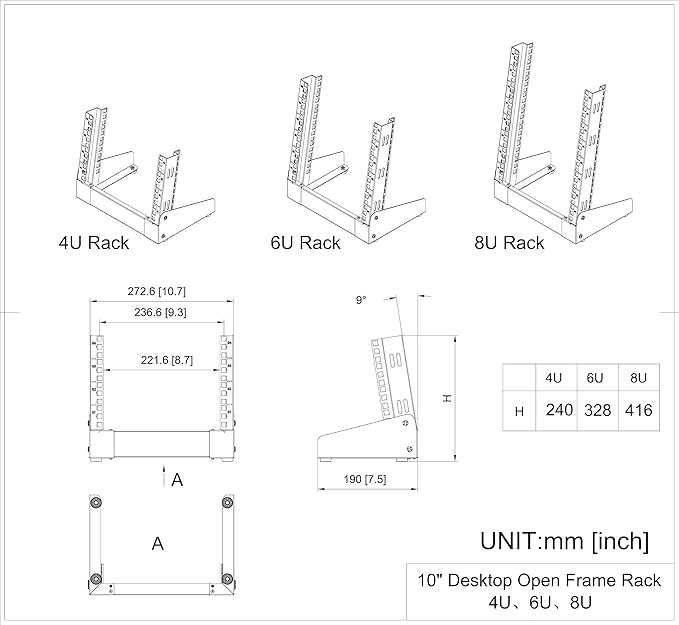 QiaoYoubang 8U Small Desktop Network Rack, 10 inch Mini Open Frame Desktop Cabinet for 10 inch Network, Servers, Audio, Video and Studio Equipment Free Standing Home Office Rack (8U)