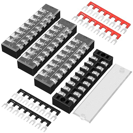 Joinfworld Terminal Block 25A 600V Dual Row Screw Terminal Strip with Cover, 8 Position Pre-Insulated Wire Terminal Block with Jumpers - 4 Pack