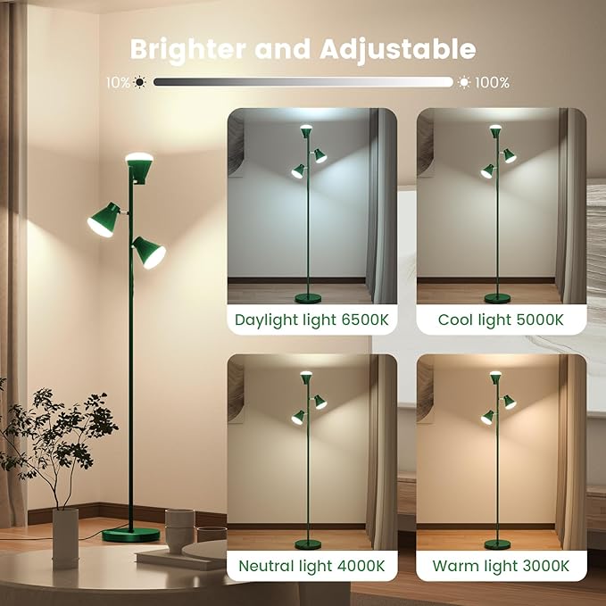 SIBRILLE 36W LED Tree Floor Lamp, Dimmable Tall Standing Lamp with Remote & Touch Control, 4 Color Temperatures Bright Floor Lamp, 3 Rotatable Light Modern Floor Lamps for Living Room Bedroom Office