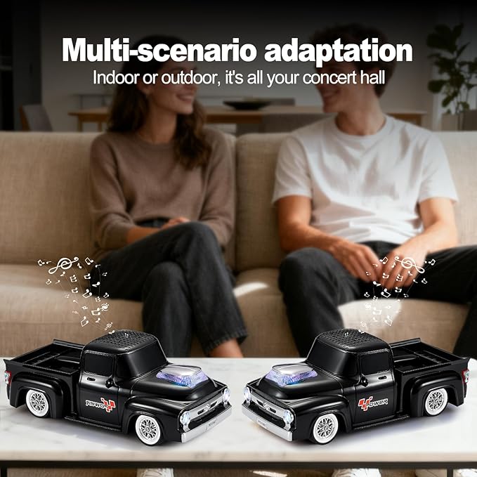 Vintage Pickup Truck Bluetooth Speaker, Retro Truck Model with HD Sound, Built-in Mic, LED Party Lights, TWS Dual Pairing, Multi-Interface Output, Portable Outdoor Speaker for Parties & Beach (BLACK)