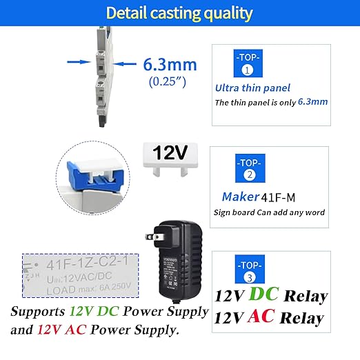 20Pcs 12V Electromechanical Power Relays 12V Relay Din Rail 5 Pin 6Amp SPDT, Socket Base with LED Indicator 41F-1Z-C2, with DIN Rail