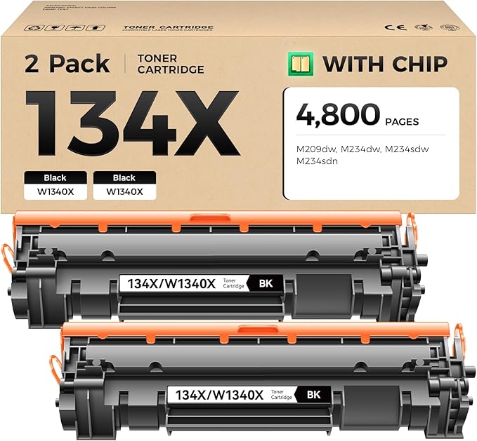 134X Toner Cartridge 2-Black with chip High Yield Replacement for HP 134X W1340X 134A W1340A Compatible with HP Laserjet M209dw MFP M234dw M234sdw M234sdn Printer Ink M209dwe M234dwe M234sdwe M234sdne
