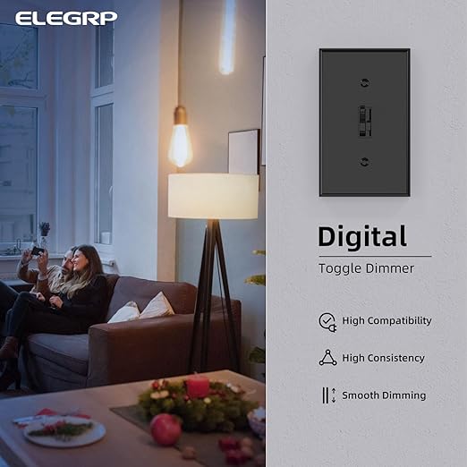 ELEGRP Digital Toggle Dimmer Switch for Dimmable LED, CFL and Incandescent Light Bulbs, Single Pole or 3-Way Toggle LED Dimmer Light Switch, Wall Plate Included, UL Listed, 1 Pack, Black