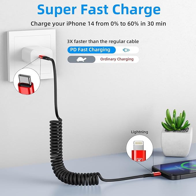 KIYODA USB C to Lightning Cable, 2Pack 3FT Coiled Fast Charger for Car Type C to Lightning Cable Cord Compatible with 14 13 12 11 Pro Max Xr Xs 8 7 Plus Carlay-Red