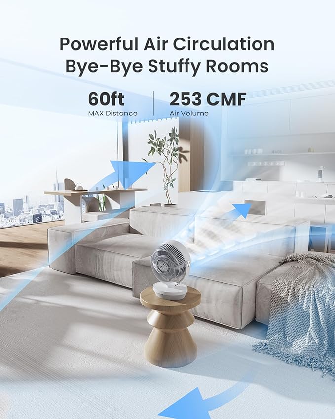 PNTCK Air Circulator Fan for Bedroom, 13" Table Fan with Remote, 90° Oscillating & 120° Tilt, 60ft Strong Airflow, Quiet 25dB Electric Fan with 4 Speeds, 4 Modes & 12H Timer