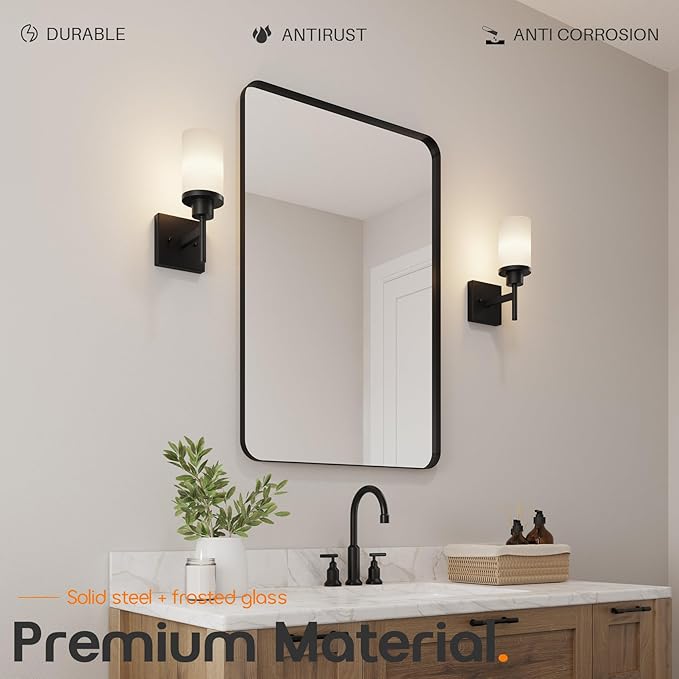 AONEON Wall Light Fixtures Matte Black Bathroom Vanity Lights Over Mirror with White Frosted Glass Shade, Wall Lamps for Porch Entrance, 2 Pack T001MB-L1-P2
