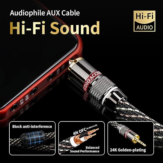Audiophile HiFi Audio Cable–3.5mm to 3.5mm,6N OFC Core,24K Gold-Plated Plugs,with Nylon Braid,AUX Cable,Compatible with Phone,MP4,Speakers,Amplifiers,TV(3.28ft/1m)