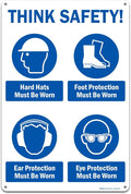 Brimar - 12" x 18" - Think Safety PPE Must Be Worn Sign - .063″ White Rust-Free Aluminum - Comprehensive Message - Easy Installation