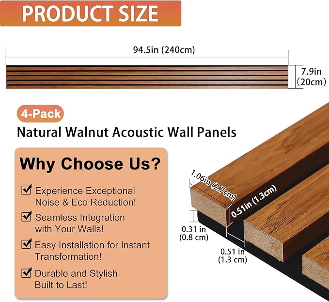 QDYMXUN Wood Slat Acoustic Wall Panels, 4-Pack 94.5'' x 7.9'' 3D Fluted Sound Absorbing Paneling for Interior Accent Wall Decor, Living Room (Natural Walnut)