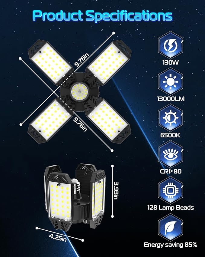 CHENGCHILIT LED Garage Light - 4 Pack 130W 13000LM Deformable 4+1 Panel LED Garage Ceiling Lights with Transformer, E26/27 Base, 6500K Daylight White Shop Lights for Factory, Storage Room, Warehouse