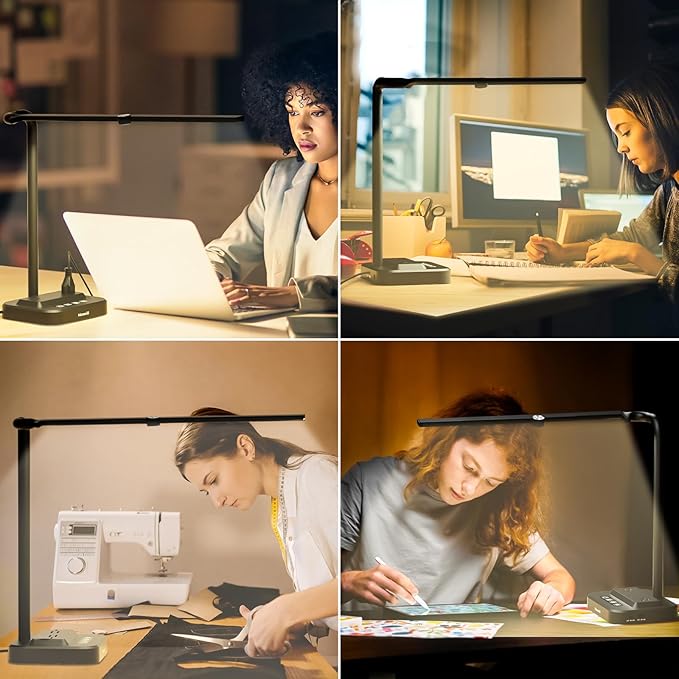 Moremili Adjustable LED Desk Lamp for Home Office | Integrated Power Hub with 2 Wide-Spaced AC Outlets, USB-C & USB-A Charging Ports | Anti-Glare Light, Foldable Design & Surge Protection
