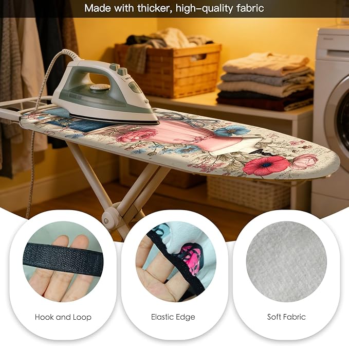 Nuxovilar Ironing Board Cover Needle Cotton 15x54 Inches | Ironing Board Cover and Pad Floral Dress Sewing Design Needle Cotton for Craft Room, Laundry Space, Bedroom