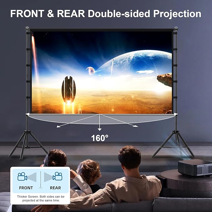 VntB 120 inch Projector Screen with Stand, Portable Outdoor Projection Screen Rear Front Movie Screen with Carry Bag Wrinkle-Free 16:9 4K Washable for Indoor Home Theater, Backyard Movie Night