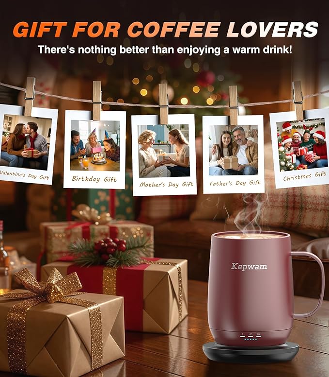 Kepwam Self Heating Coffee Mug T2, 16oz Smart Heated Coffee Mug, 150 Min Battery Life - Hot up to 149℉ Temperature Control Coffee Mug Warmer, Gifts for Dad Mom (No APP)