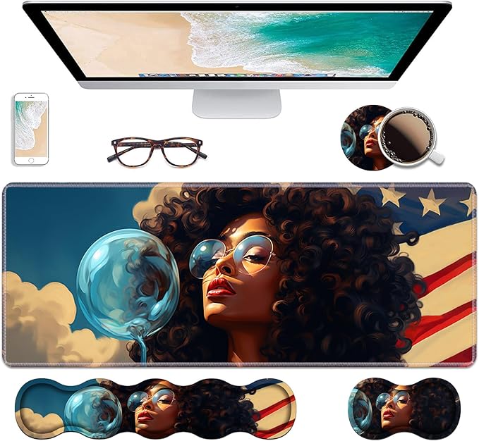 Ergonomic Keyboard Wrist Rest & Mouse Pad Wrist Rest Set, Large XXL Gaming Desk Mat 31.5"x 11.8" with Non-Slip Base, Memory Foam, Easy Typing Pain Relief for Home & Office, African American Girl