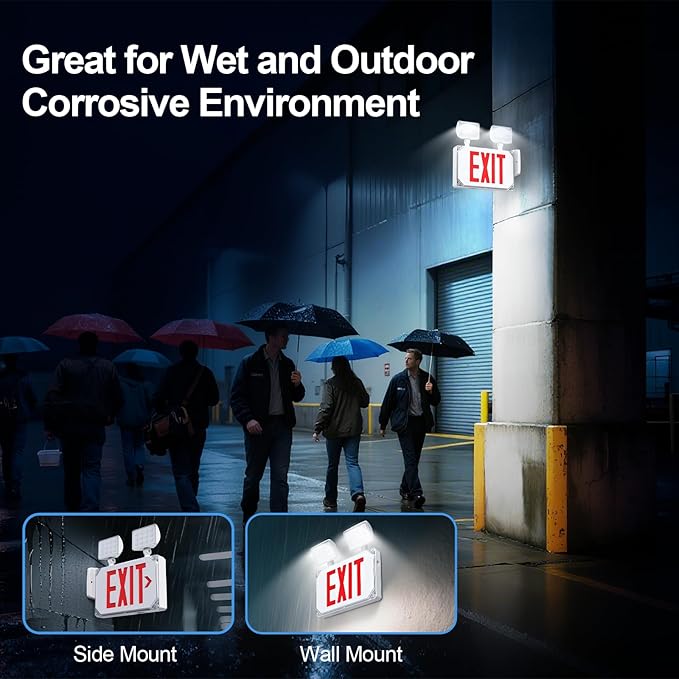 Wet Location Emergency Exit Signs with Adjustable Lights Battery Backup, UL Listed Double Face Exterior Led Exit Sign Combo, Hardwired Waterproof Red Exit Light, AC120/277V, Wall/Side Mount (2 Pack)