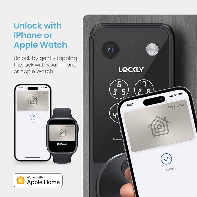 Lockly Vision Zeno Smart Lock with Video Doorbell Camera, Fingerprint Keyless Entry with Apple Home Key, Wi-Fi Deadbolt for Front Door, PIN Genie Keypad, App Remote Control, 2 Rechargeable Batteries