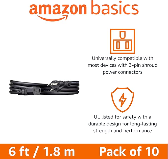 Amazon Basics PC Power Cord, 6 feet, 10-Pack, AC Power Cord for Monitor, Computer, TV, 3 Prong, 18 AWG, 125 Volts, Black