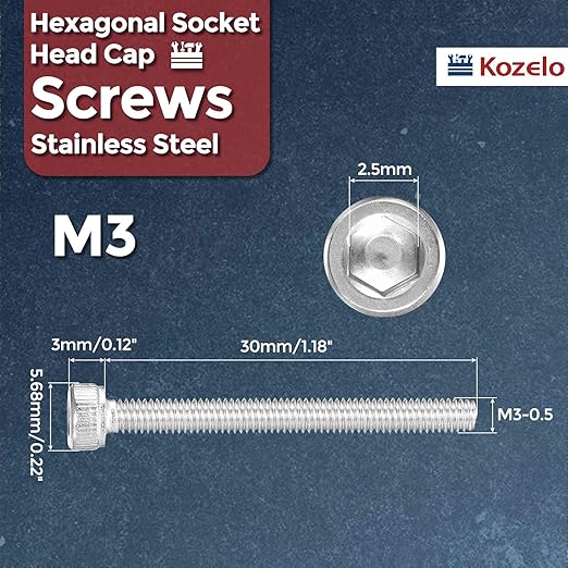 Kozelo 40pcs Socket Head Cap Screws - [M3-0.5 x 30mm] 304 Stainless Steel Allen Socket Drive for Electrical Motor 3D Printing Fan Engine Replacement Use, Silver